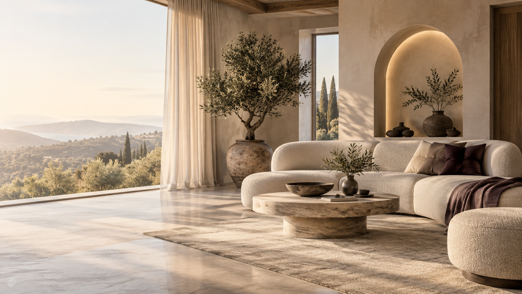 Sala mediterránea luminosa con sofá orgánico, piedra natural y vistas al paisaje