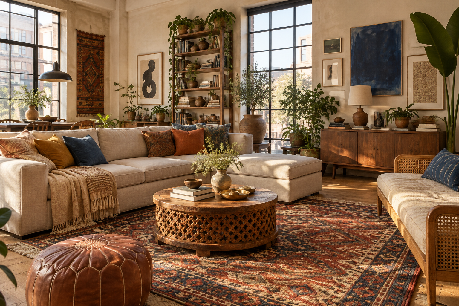 Sala boho-chic de artista con grandes ventanas, textiles coleccionados, arte y plantas