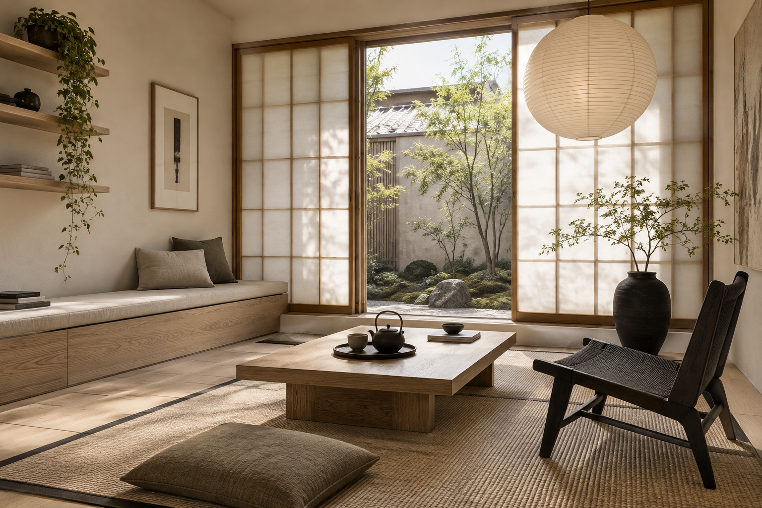 Sala de lectura japandi con madera clara, papel translúcido y jardín contemplativo