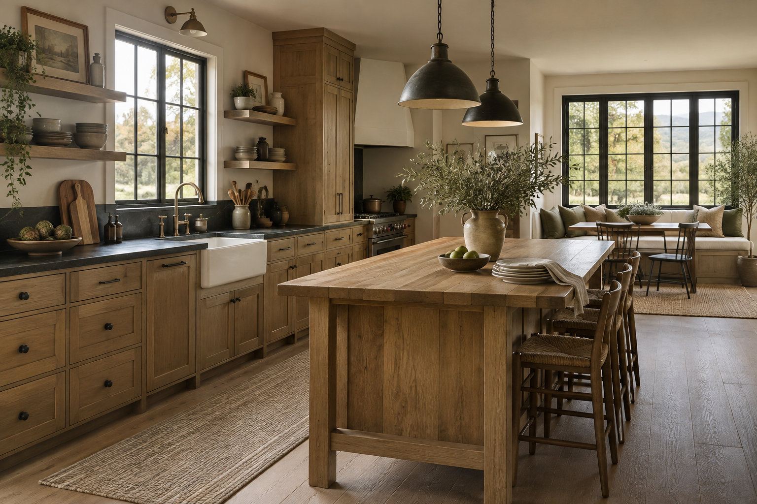 Cocina modern farmhouse refinada con roble, piedra oscura y detalles de hierro
