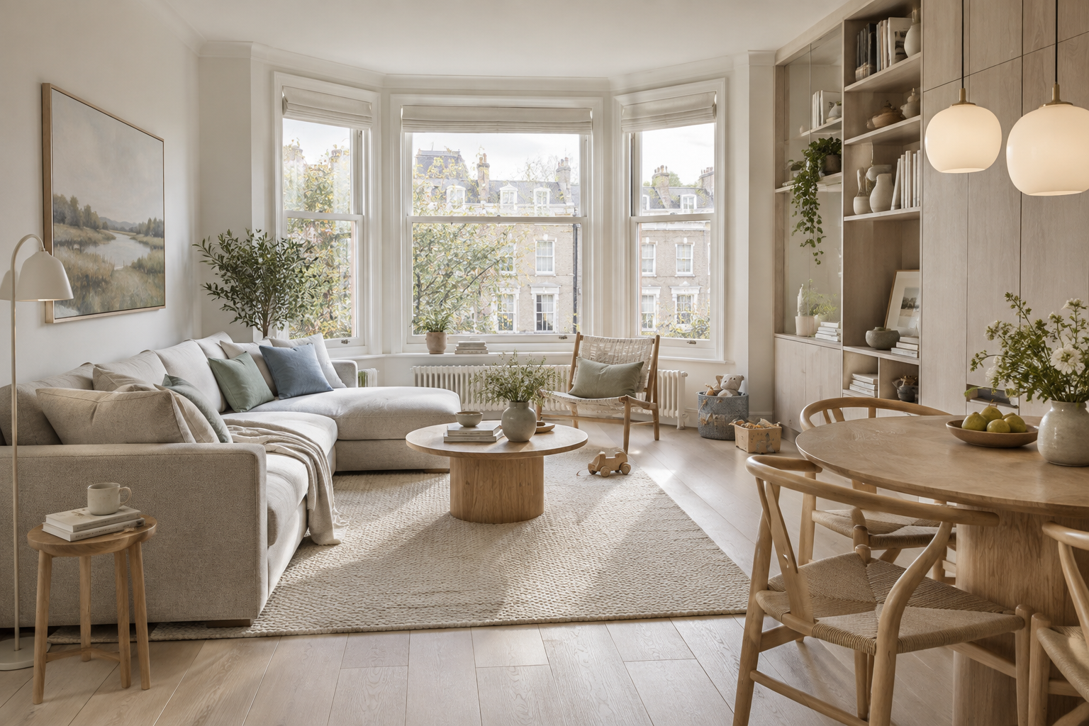 Sala familiar nórdica luminosa con madera clara, lana y mobiliario funcional